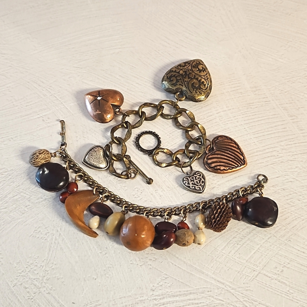 2  loaded charm bracelets vintage and new nature themed hearts earth tones